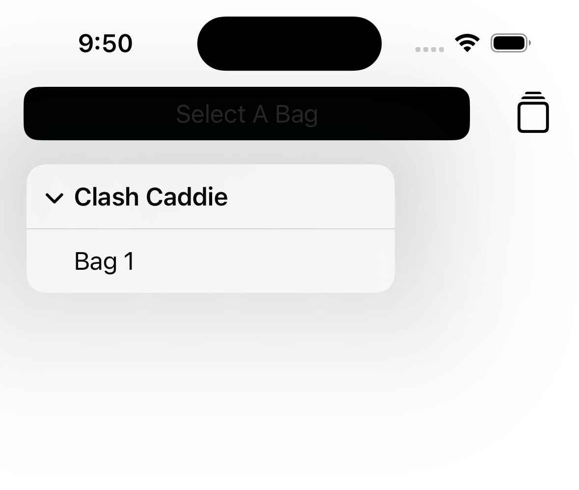 Selecting an account and bag from the iOS wind calculator